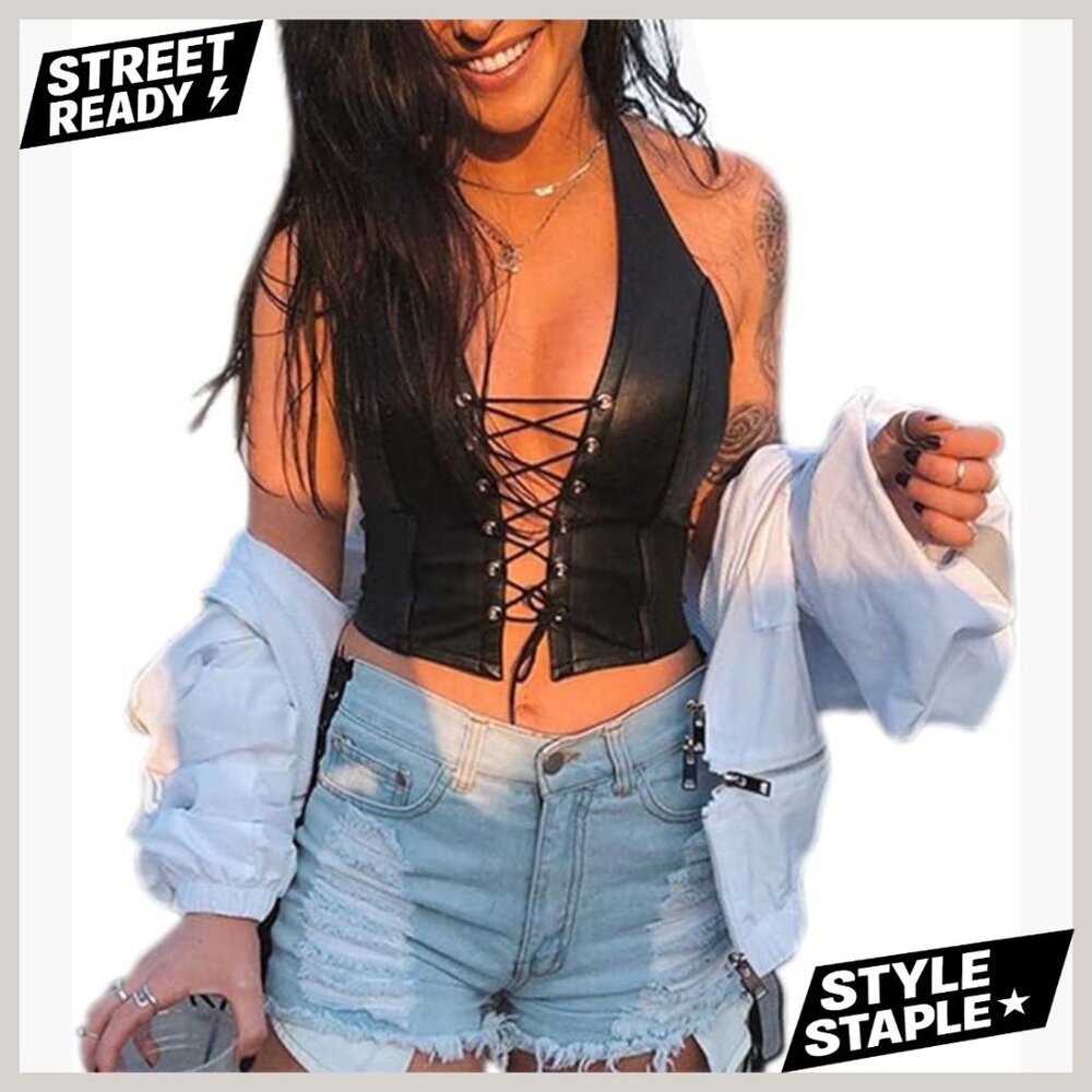 Adjustable Spaghetti Strap PU Leather Bustier Cro… - image 1